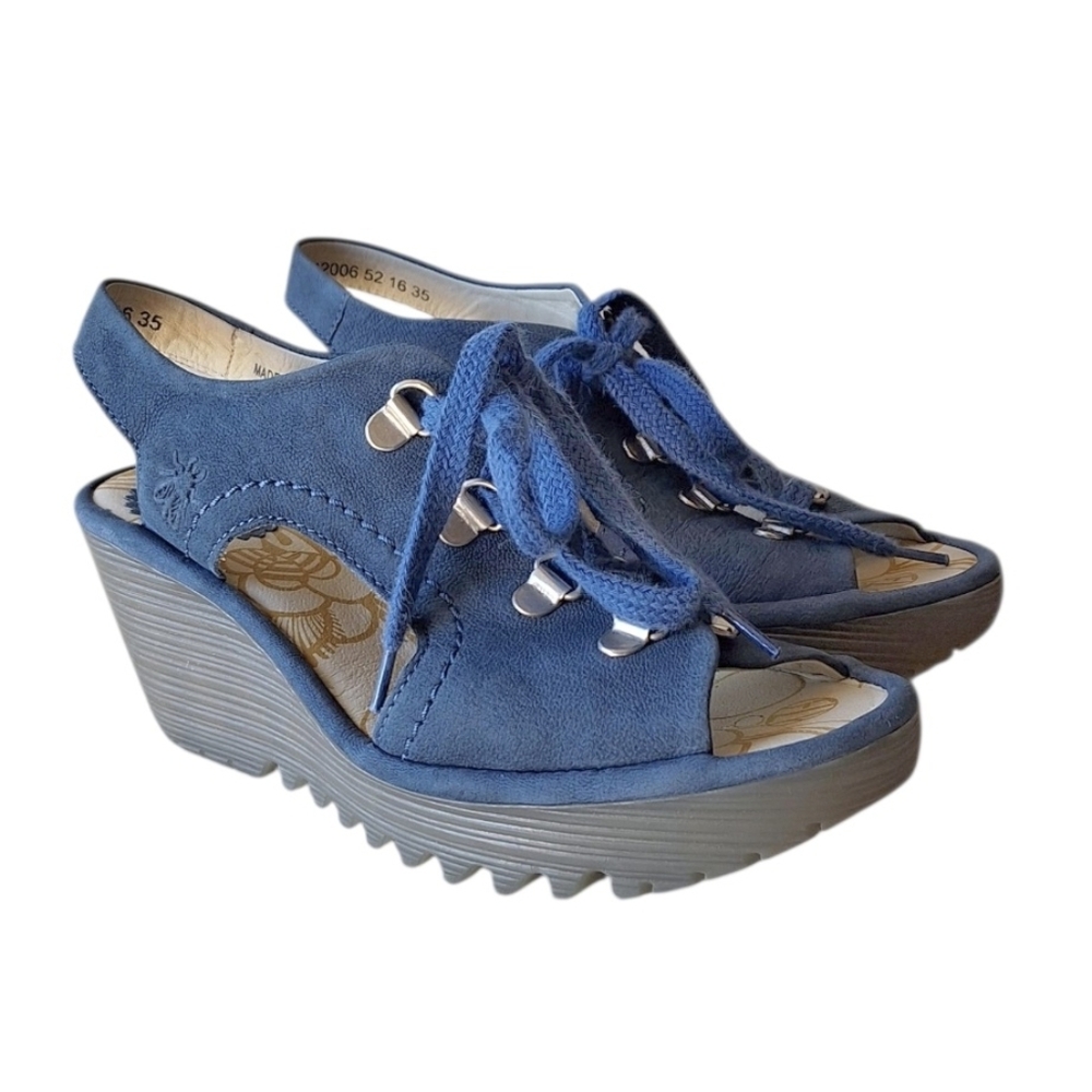 Fly London Blue Suede Wedges Lace Up EU 35  Girls 3.5  Womens 5